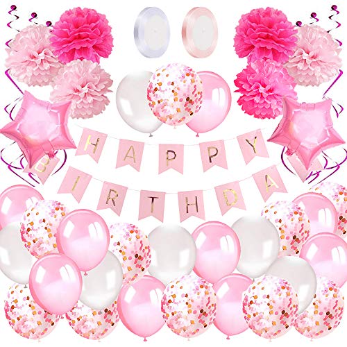Birthday Decorations Girls Pink, Banner, Balloons, Pompoms, Tassels