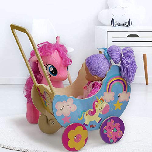 Multicoloured Wooden Unicorn Pram For Girls 