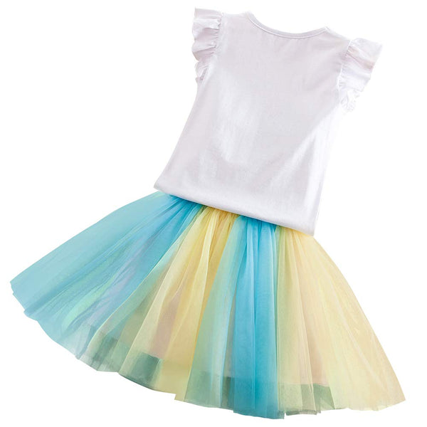 Unicorn Girls Skirt + Top Combination Short Sleeve Puff Skirt 3-8 Years