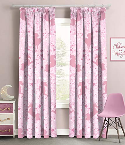 Velosso Unicorn Stars Magical Glow in the Dark Duvet Cover Bedding Set (Pink, 66" Width x 72" Drop Curtain Pair)