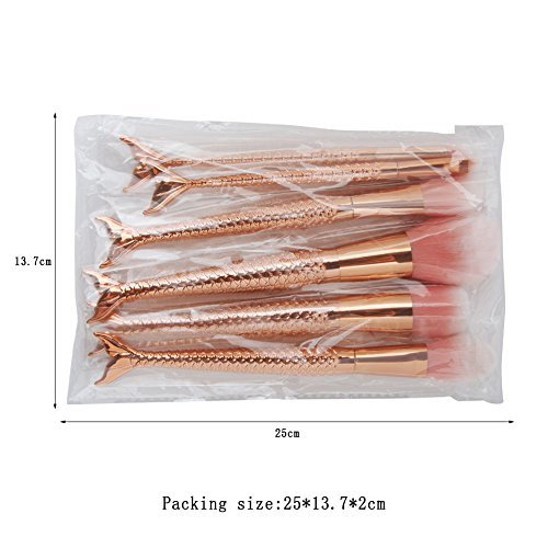 Coshine 10pcs Rose Gold Unique Mermaid Makeup Brush Set, Nylon Hair Plastic Handle Cosmetic Brushes