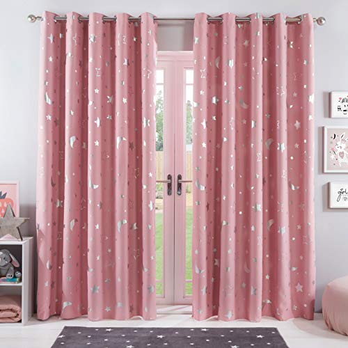 Dreamscene Galaxy Thermal Blackout Curtains Pair of Eyelet Ring Top Panels Kids Metallic, 100% Microfibre, Pink Blush Moon Stars, 46" wide x 54" drop