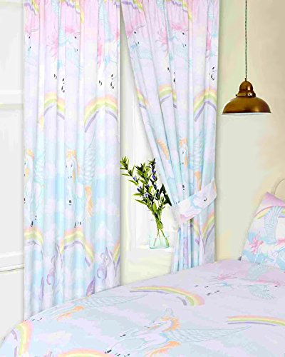 Unicorns Rainbows Clouds Sky, Pencil Pleat Curtains With Tie Backs