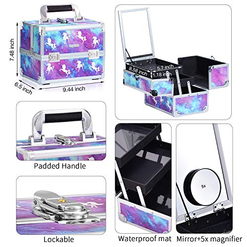 Joligrace Unicorn Makeup Box Vanity Case Cosmetic Organiser Case Beauty Box with Mirror and Magnification(5X) Spot Mirror