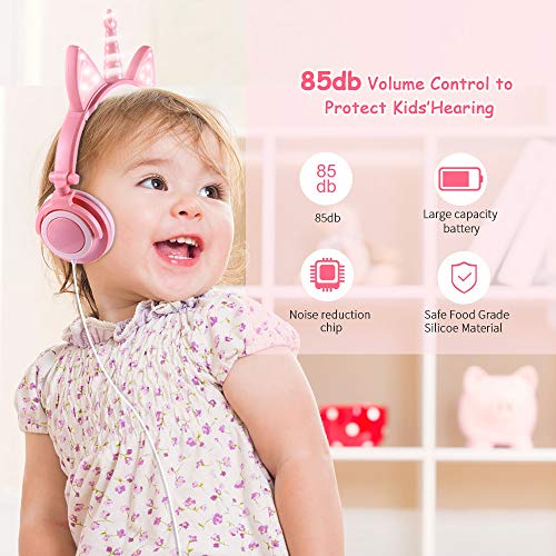Unicorn Kids Headphones | Over Ear with LED Glowing Cat Ears | Pink