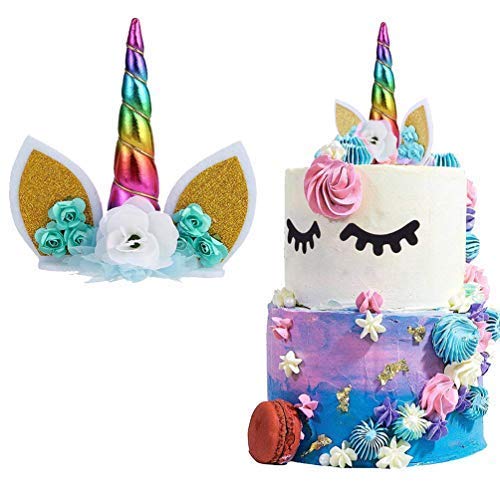 Unicorn Cake Topper with Flowers - White Flowers with Glittery Rainbow Colours Horn