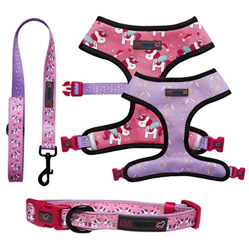 Love Frenchie | Reversible Harness, Collar 7 Lead | Unicorn Design |  Medium
