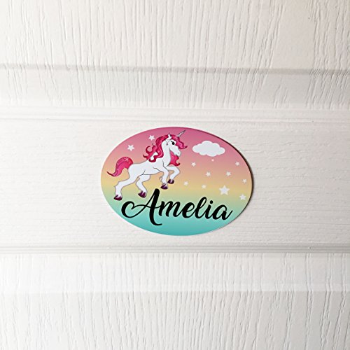 Oval Shaped Personalised Unicorn Kids Bedroom Metal Stick On Door Sign