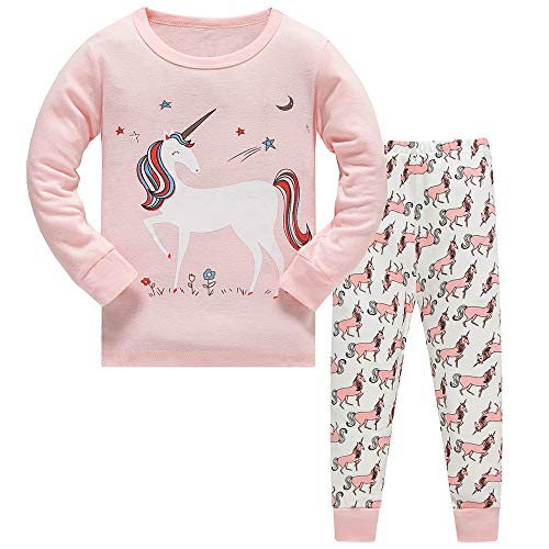 Girls Pyjamas Set Summer Toddler Clothes 100% Cotton Sleepwear Animal Printed Pink Nightwear Long Short Sleeve PJs 2 Piece Outfit for Kids Age 1-8 Years (08 Unicorn, 1-2 Years)