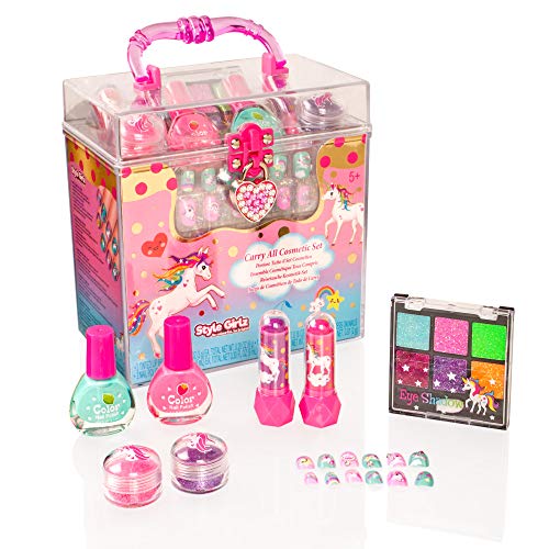 Style Girlz Unicorn Carry All Cosmetic Set - Girls Make-up Kit - Nail Polish - Eye Shadow - Lip Balm - Stick On Nail Stickers