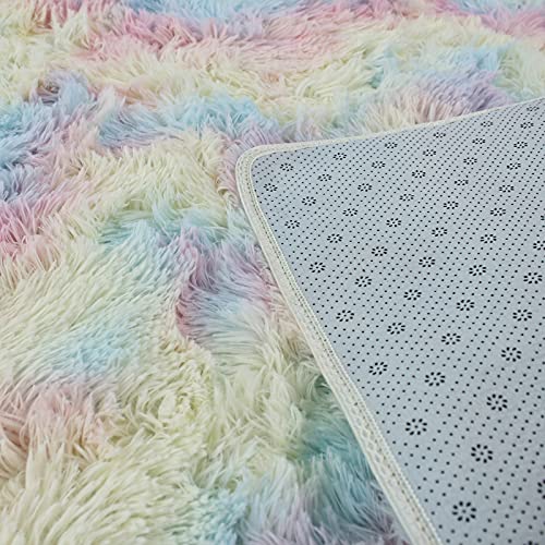 Super Soft Fluffy Shaggy Rugs Multicoloured 120 x 160 cm Anti-Slip Carpet Rainbow Kids Mat Living Room Extra Large Size Area Rug Modern Bedroom Nursery Rugs Non Shedding