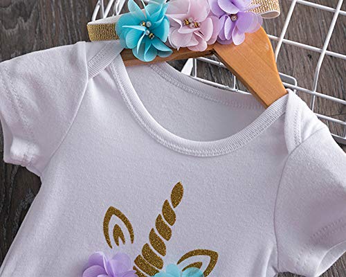 Unicorn Multi-Layer Tutu 1st ONE Birthday | 3 Pcs Outfits Romper+Skirt+ Flower Headband