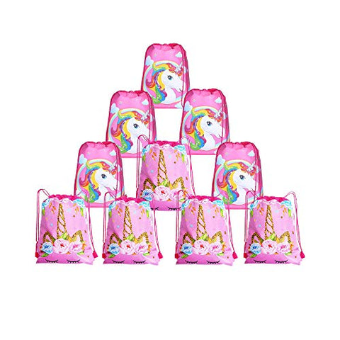 10 Pack Unicorn Drawstring Birthday Gift Bags for Girls | Party Bags | Pink