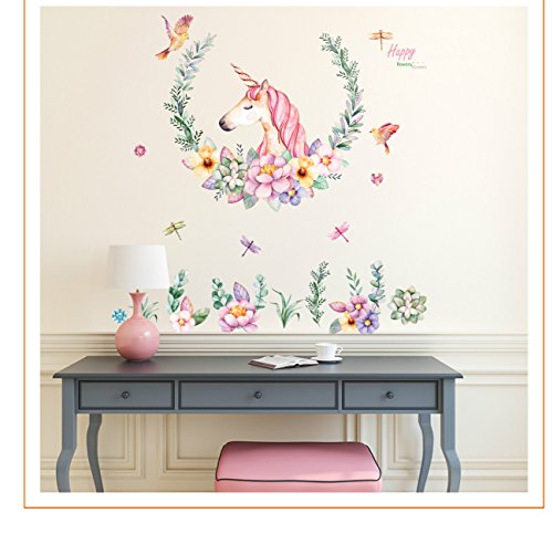 Cute Pink Lovely Unicorn with flower Wall Sticker for Room Decor