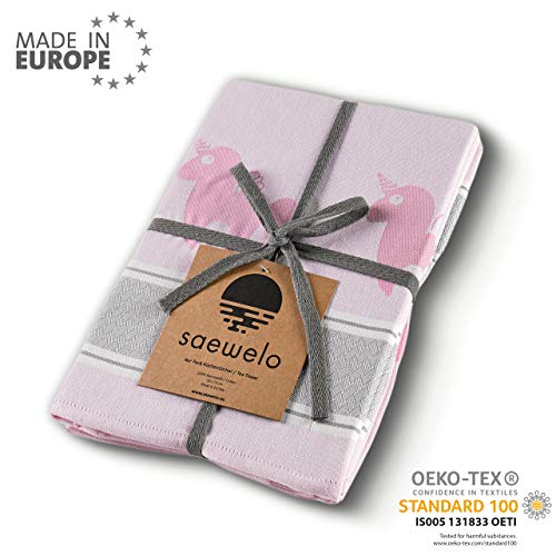 Set of 4 Tea Towels | 100% Cotton | 50x70 cm | Unicorn Design | Pink | saewelo