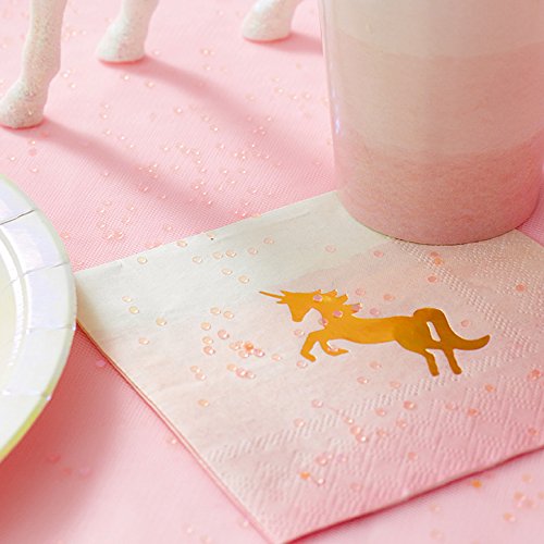 Talking Tables We Heart Unicorns Ombre Cocktail Napkins with Foil Detail for Unicorn and Kids Birthday Party, Pink and Gold (16 Pack)