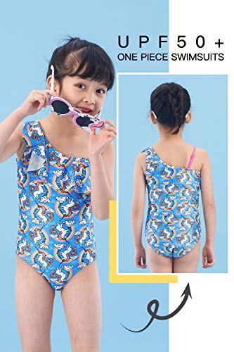 IKALI Girls Swimming Costume One Piece, Kids Unicorn Rainbow, Blue