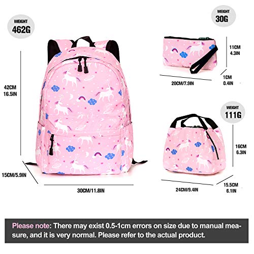 Dream Unicorn School Bag Set, Waterproof Lightweight Backpack Lunch Bag Pencil Case for Girls Pink