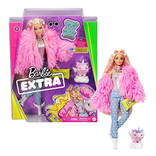 Barbie Extra Doll In Pink Fluffy Coat With Unicorn-Pig Toy