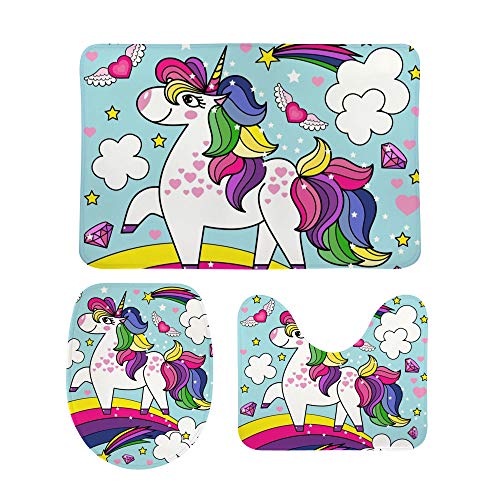 3 Piece Non Slip Bathroom Rug Set | Happy Unicorn | Toilet Seat Cover | Pedestal Rug | Shower Mat