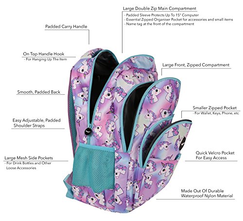FRINGOO® Girls Boys Multi-compartment School Backpack Waterproof Fits Laptop 17'' (H:44cm*L:29cm*W:21cm, Hologram Unicorns)
