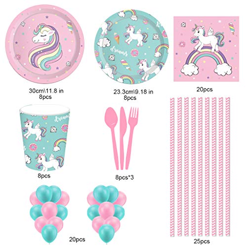 Unicorn Party Supplies | Kids Birthday Party Tableware | Unicorn Paper Plates Cups Napkins Straw Balloons
