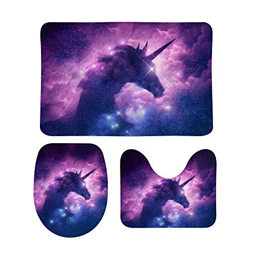 3 Piece Galaxy Unicorn Non-Slip Contour Mat + Toilet Lid Cover + Bath Mat | Purple