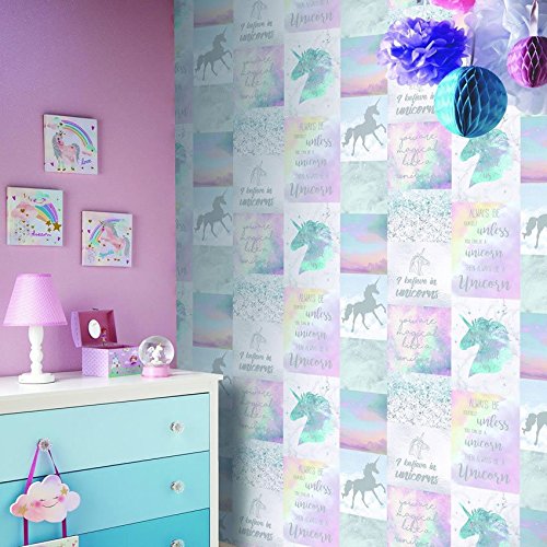 Stunning unicorn quote wallpaper girls bedroom.