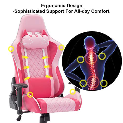 Wahson PU Leather Gaming Chair, Computer Game Chair Ergonomic Reclining Racing Chair for PC Office Desk Chair with Cat-Shape Headrest and Lumbar Support (Pink)