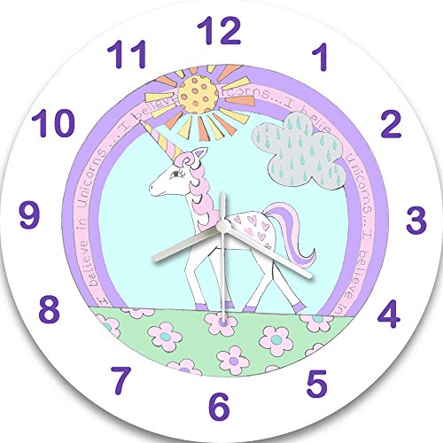 Unicorn wall clock. Nursery, kids bedroom, playroom. Unicorn, cloud, sunshine, grass, flowers. Pastel colours.