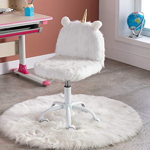 Children's Study Desk Chair | Unicorn Style | Faux Fur Soft Fluffy Swivel Chair Adjustable Height Computer Chair for Kids (White)