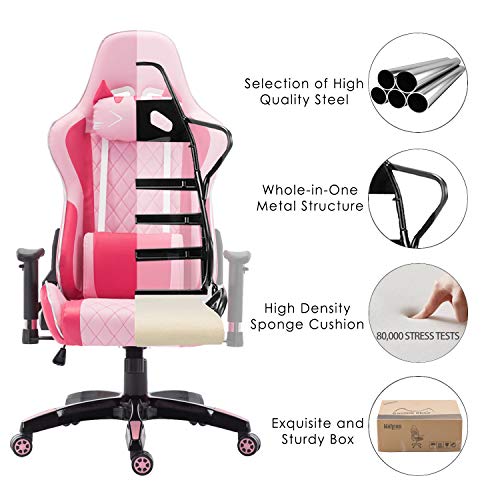 Wahson PU Leather Gaming Chair, Computer Game Chair Ergonomic Reclining Racing Chair for PC Office Desk Chair with Cat-Shape Headrest and Lumbar Support (Pink)