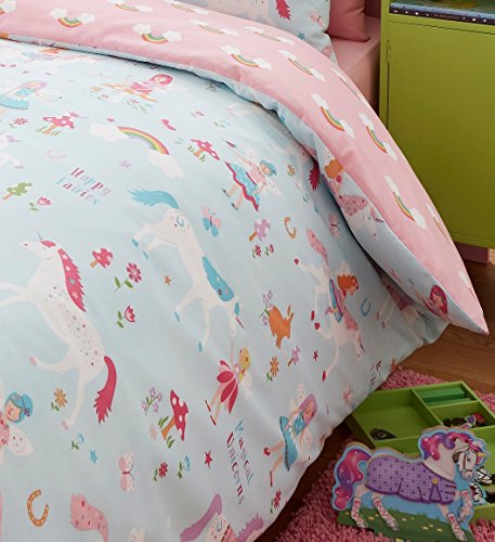 Kidz Club Magical Unicorns Childrens Single Bed Duvet Cover and Pillowcase, Blue