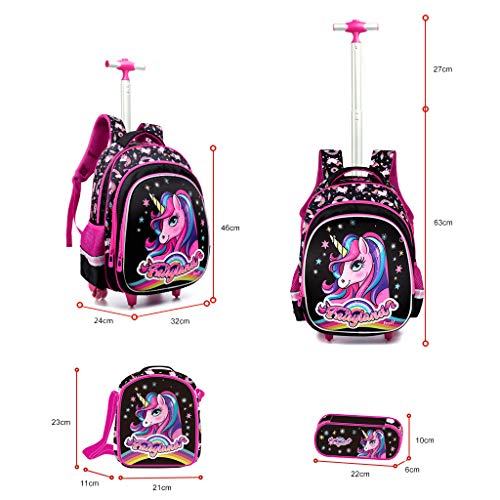 Unicorn Backpacks Trolley Bag Set for Girls, Primary School Bag Wheeled Backpack with Lunch Bag Pencil case Ideal for 1-6 Grade Students