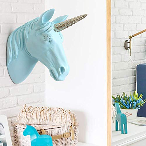 Barm Unicorn wall mount unicorn head fake resin sculpture animal head wall decoration, ready to hang blue 14.5x29x36.5cm (6x11x14inch)