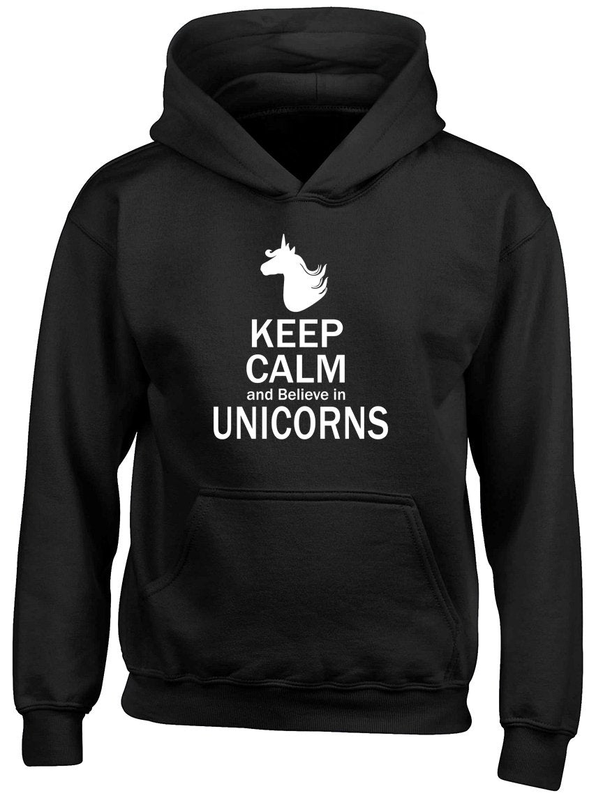 Keep Calm and Believe in Unicorns Kids Girls Hooded Top Hoodie Black Gift