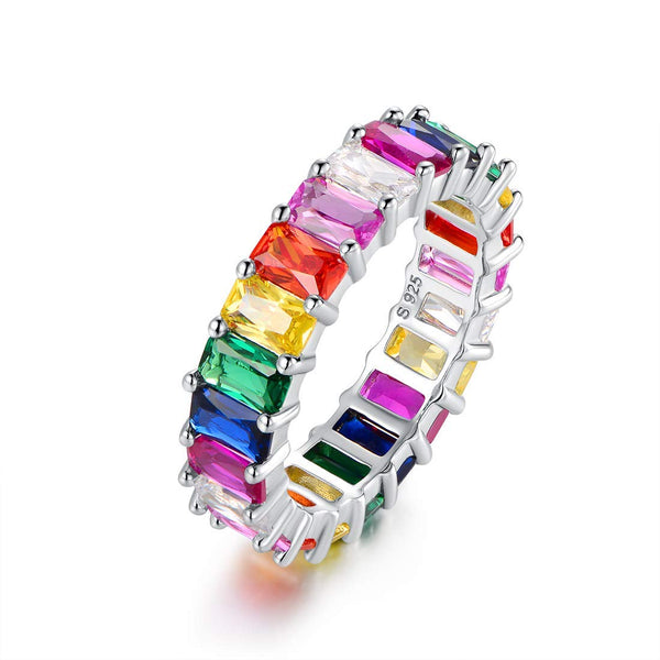 Rainbow Ring - Rhodium Plated, Cubic Zirconia (Emerald Cut)