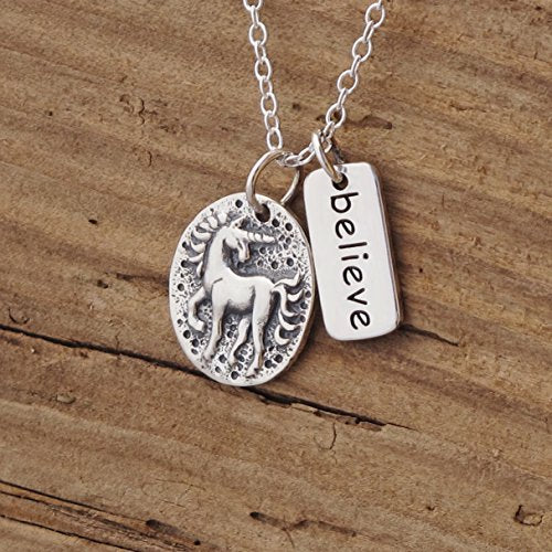 unicorn necklance with quote "believe"