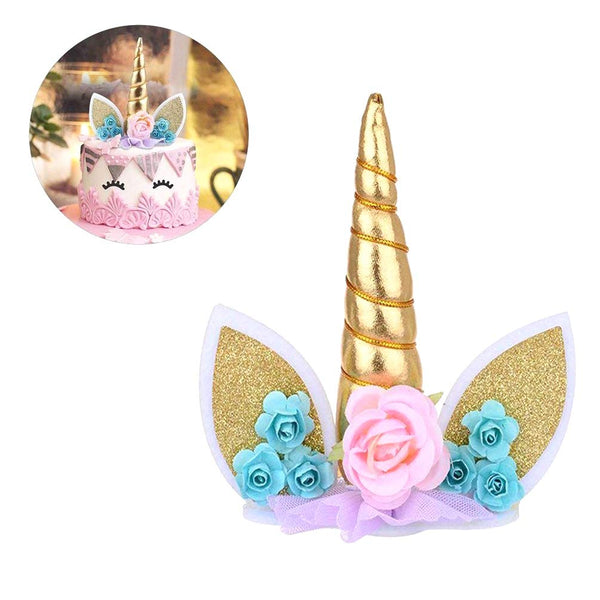 Unicorn Flowers Cake Topper - Pink and Blue Flowers with Gold Horn