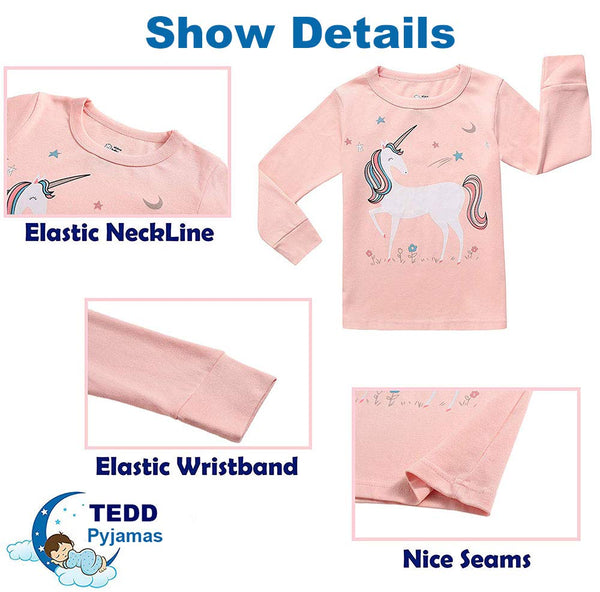Girls Christmas Pyjamas Set Toddler Clothes 100% Cotton Sleepwear Animal Printed Pink Unicorn Nightwear Winter Long Sleeve PJs 2 Piece Outfit for Kids Age 3-4 Years