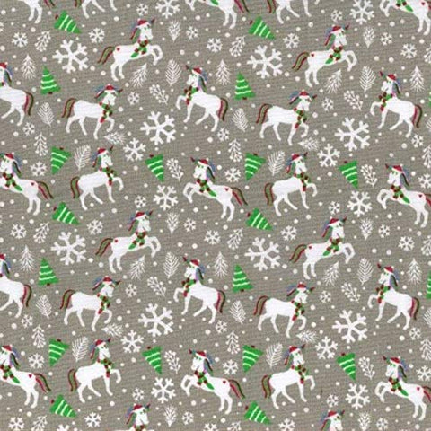 Festive Unicorns Fabric | Christmas Trees & Snowflakes | Plush Addict Polycotton | Per Metre