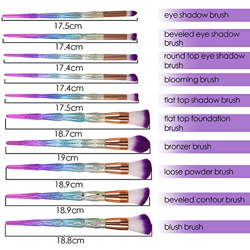 10Pcs Unicorn Rainbow Diamond Handle Makeup Brush Set | With Carry Bag