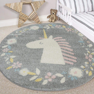 Girls Grey Circular Floral Unicorn Playroom Bedroom Rug