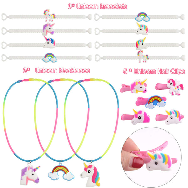Unicorn Party Bag Fillers for Girls  Unicorn Bracelets, Keychains, Rings, Necklace and Hair Clip (36 Pack)