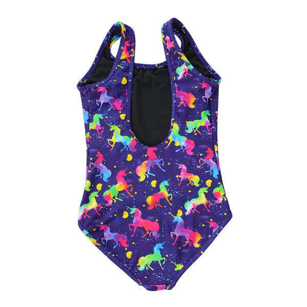 unicorn swimming costume navy blue and vibrant rainbow colours