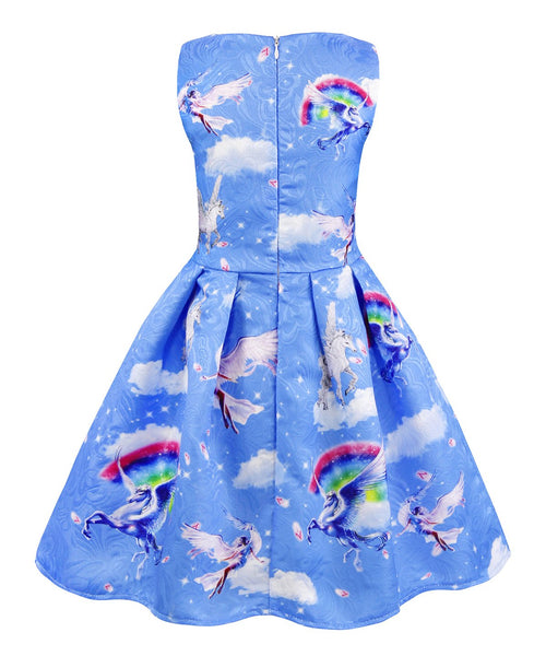 Unicorn Dress with Clouds and Rainbow - Sky Blue Colours