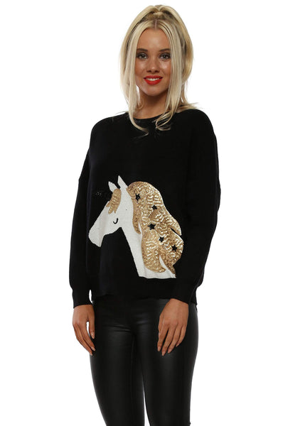 Colynn Sequinned Unicorn Jumper One Size Black