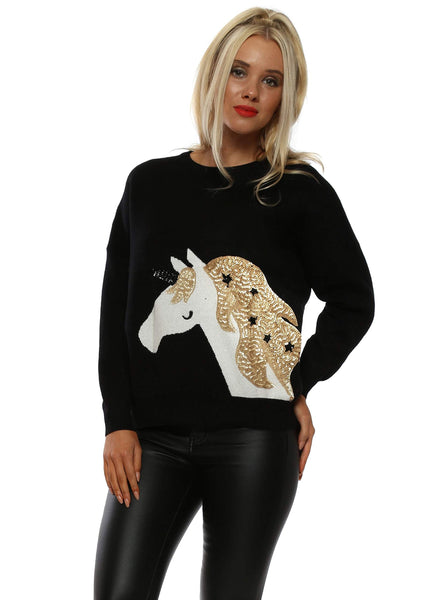 Colynn Sequinned Unicorn Jumper One Size Black