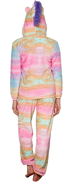 Ladies Girls Hooded Super Soft Unicorn Twosie Pyjamas with 3D Horn and Mane, Rainbow, Medium