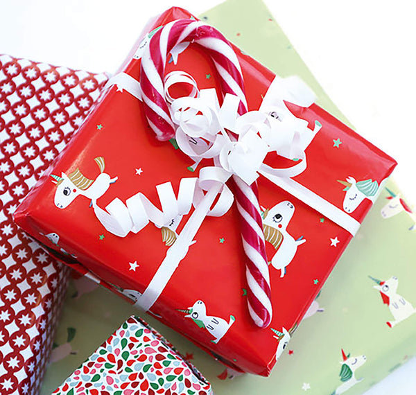 Unicorn Christmas wrapping paper - red